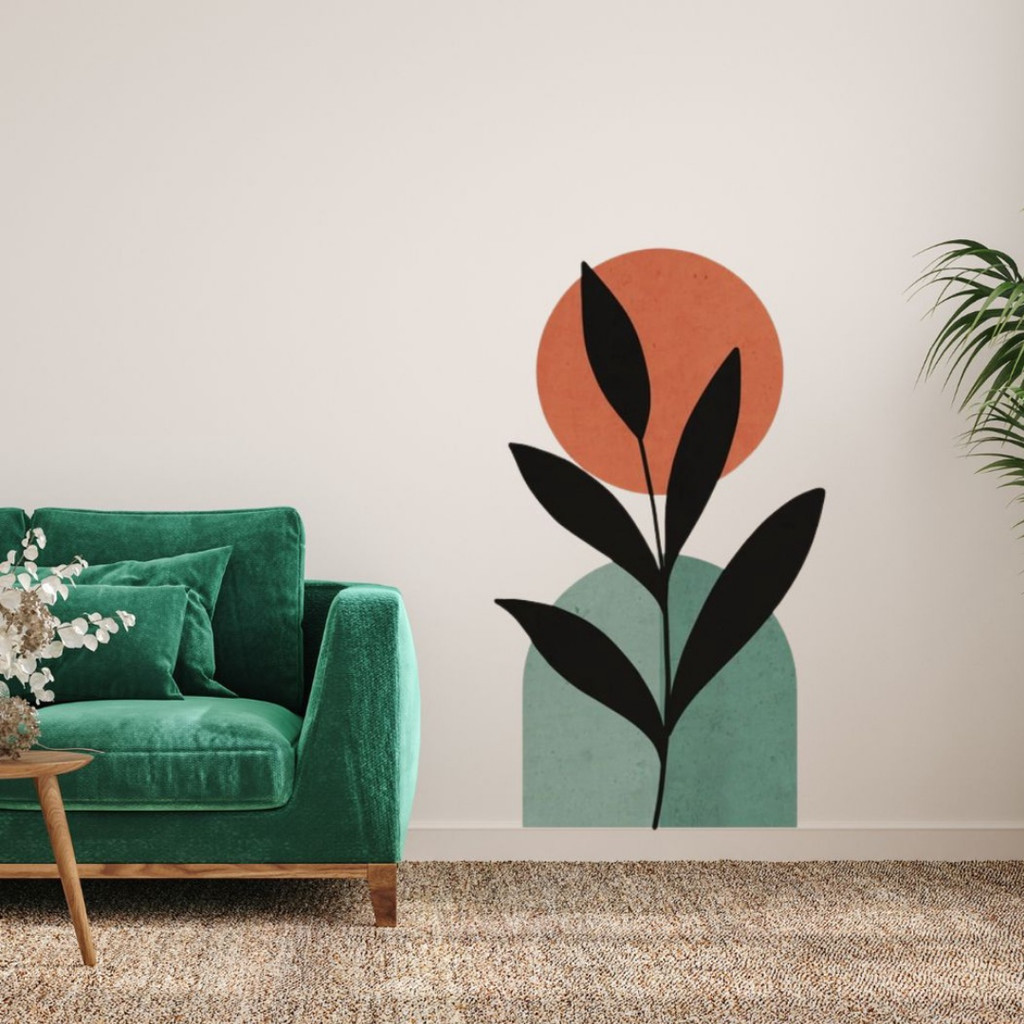 Adesivo De Parede Flor Ramo Vermelho Queimado Verde Contemporâneo