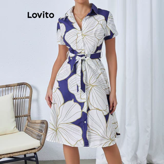 Lovito Vestido elegante floral com botões para mulheres LBL16072