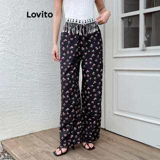 Lovito Calças casuais com estampa floral e flores para mulheres L99ED744