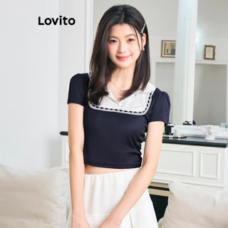 Lovito Blusa lisa fofa falsa 2 em 1 com babados no pescoço para mulheres L102AD161