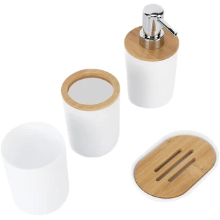 Conjunto De 4 Peças Para Banheiro Feito De Bambu E Plástico Branco
