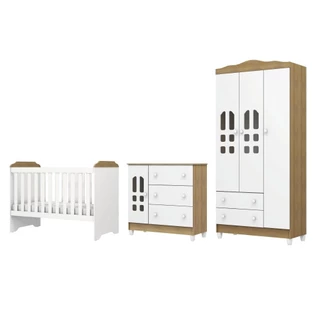 Dormitório Infantil Completo Berço Americano Mini Cama 3 em 1 Para Quarto Bebê Helena Branco/Madeirado