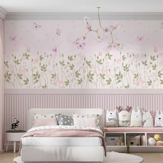 Papel de Parede Adesivo Ripado Floral Rosa Bebê Com Borboletas