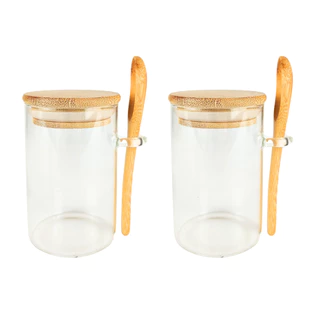 Kit 2 Pote Saleiro Açucareiro de Vidro Colher e Tampa Bambu