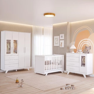 Quarto Bebê Retrô Janelado Completo 100% MDF com Guarda Roupa 4 Portas Berço Mini Cama Cômoda 4 Gavetas Móveis Peroba