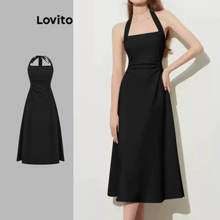 Lovito Vestido casual simples plissado sem costas para mulheres L101AD012