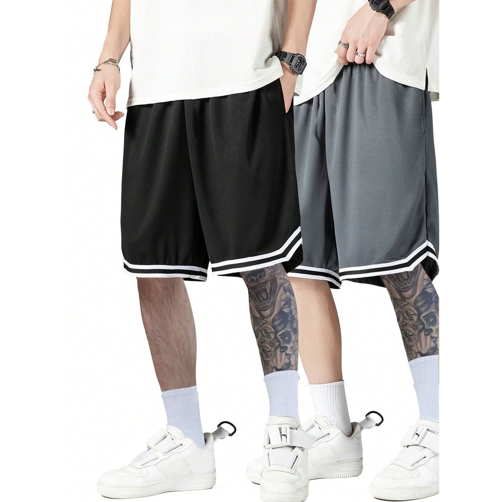 Conjunto de 2 peças de shorts de basquete estilo americano para homens, shorts de esporte leves e folgados para o verão, shorts casuais de comprimento de joelho de seda gelada de secagem rápida.