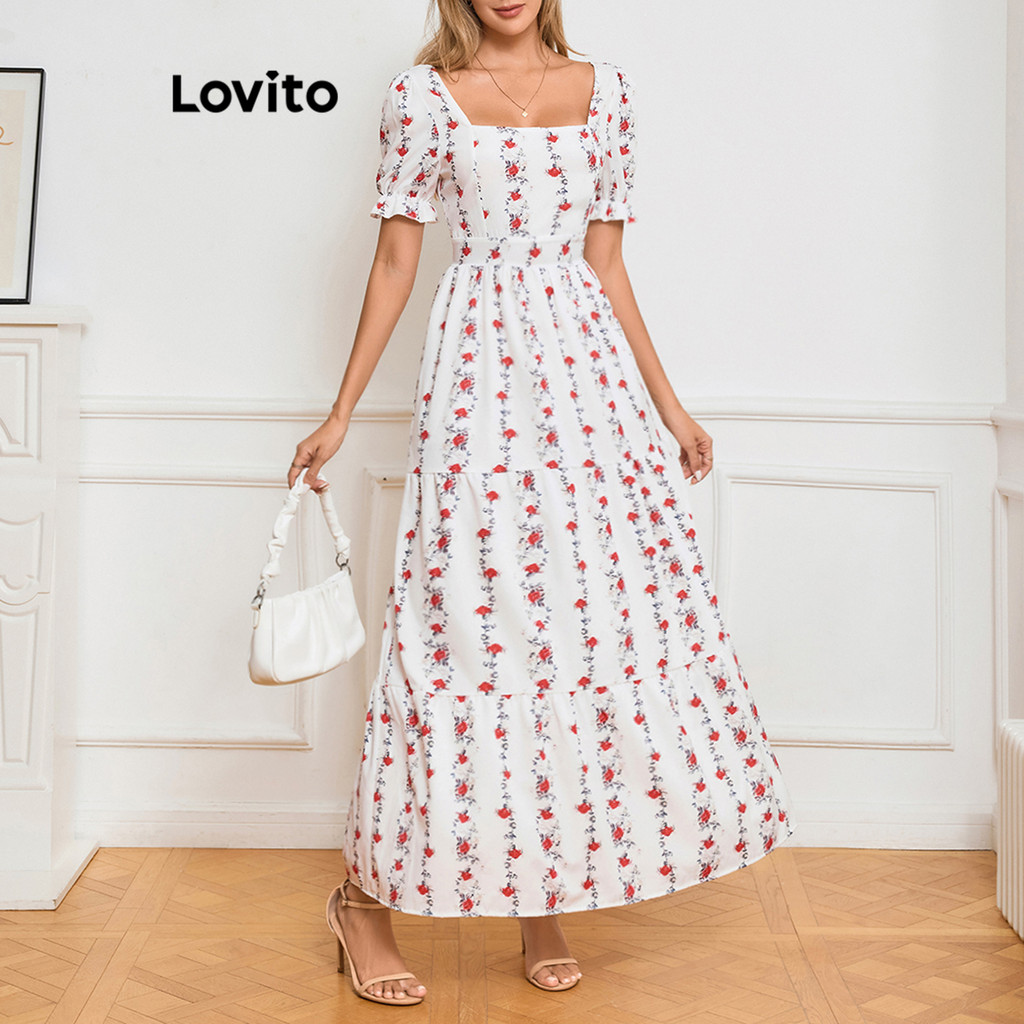 Lovito Vestido elegante floral drapeado para mulheres LBL17190