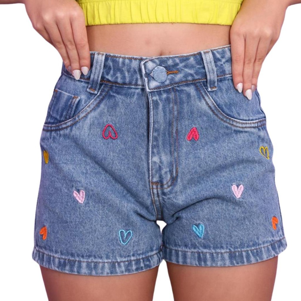 Short jeans juvenil com bordado coração roupa de meninas tendência verão estilo do 10 ao 16 anos