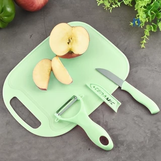 Kit Jogo 3 Peças Cozinha Gourmet com Faca Descascador Inox e Tábua de Corte para Cozinha HH
