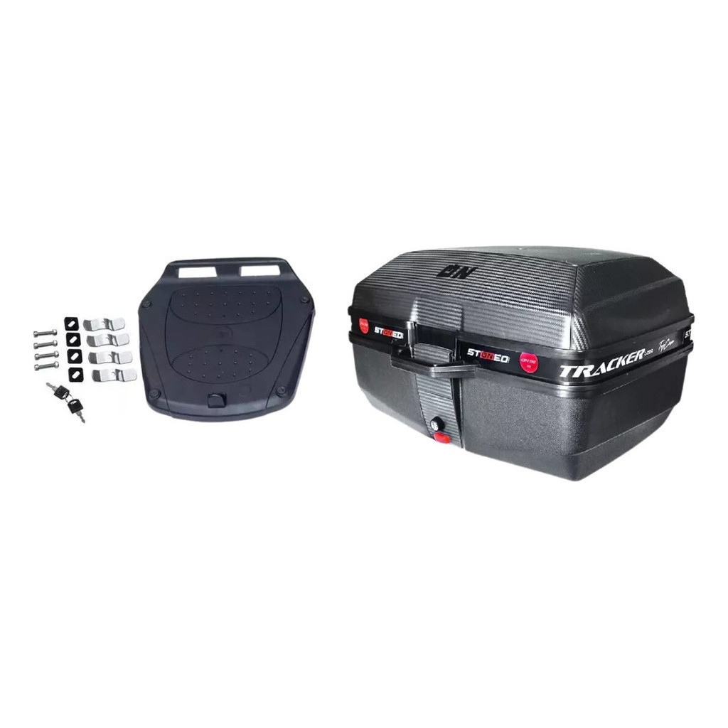 Baú Bauleto Stoned 52 Litros Modelo Tracker Preto para Moto 2 Capacetes Encaixe Monolock