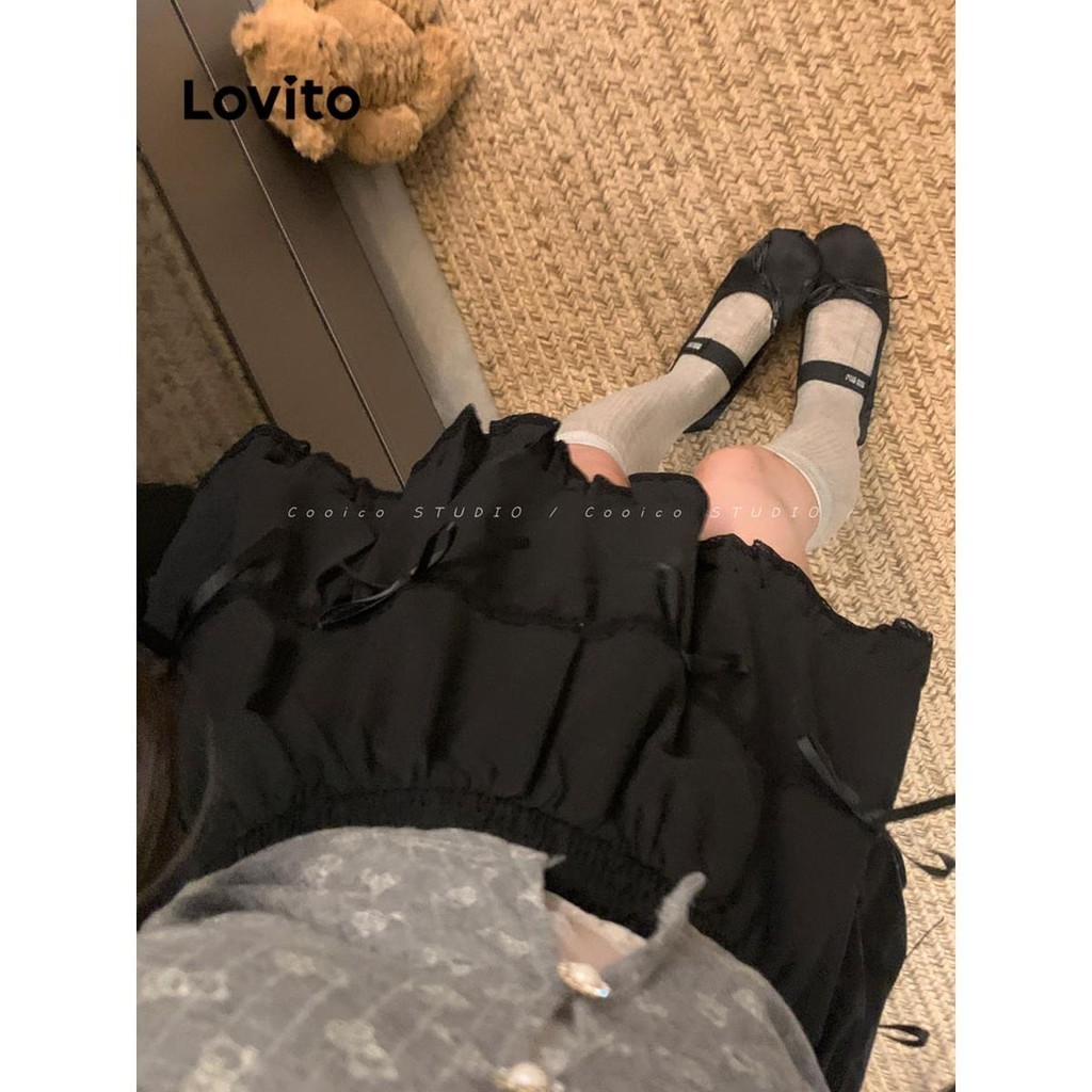 Lovito Saia de laço liso para mulheres LNA70101