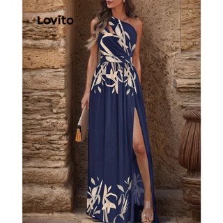 Lovito Boho Vestido Feminino Liso com Recorte Fenda e Flores LNL42004