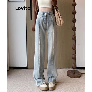 Lovito Jeans casual simples com bainha crua para mulheres LNM75312