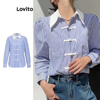 Lovito Blusa Colorblock Listrada Elegante com Decote em V para Mulheres L100MD492