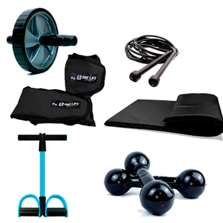 Kit Funcional Completo - 6 itens = Colchonete + Caneleira 1kg + Halter 1kg + Roda ABD + Extensor + Corda