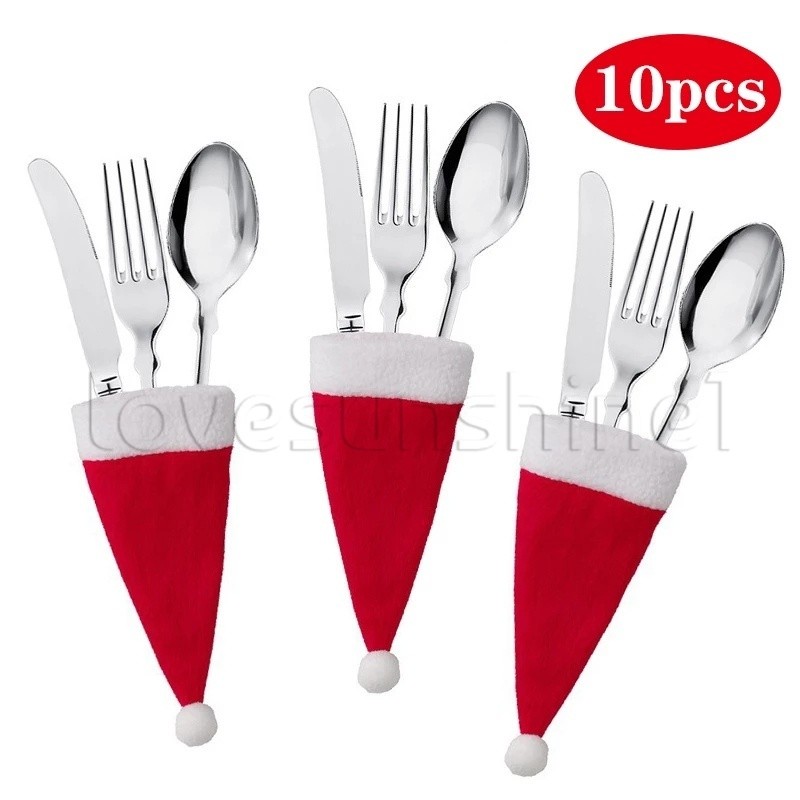 [Natal] 10 Pcs Decoração De Enfeite De Festa De/Feliz Chapéu Suporte De Talheres Bolsa/Mesa De Jantar Em Casa Colher Capa De Bolso/Porta Garfo De Cozinha