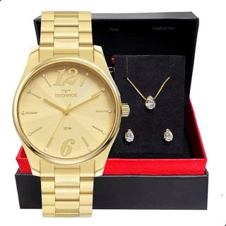Relógio de Pulso Feminino Technos Trend Dourado Original Presente Moda Gift Colar e Brincos 2035MWT/1X