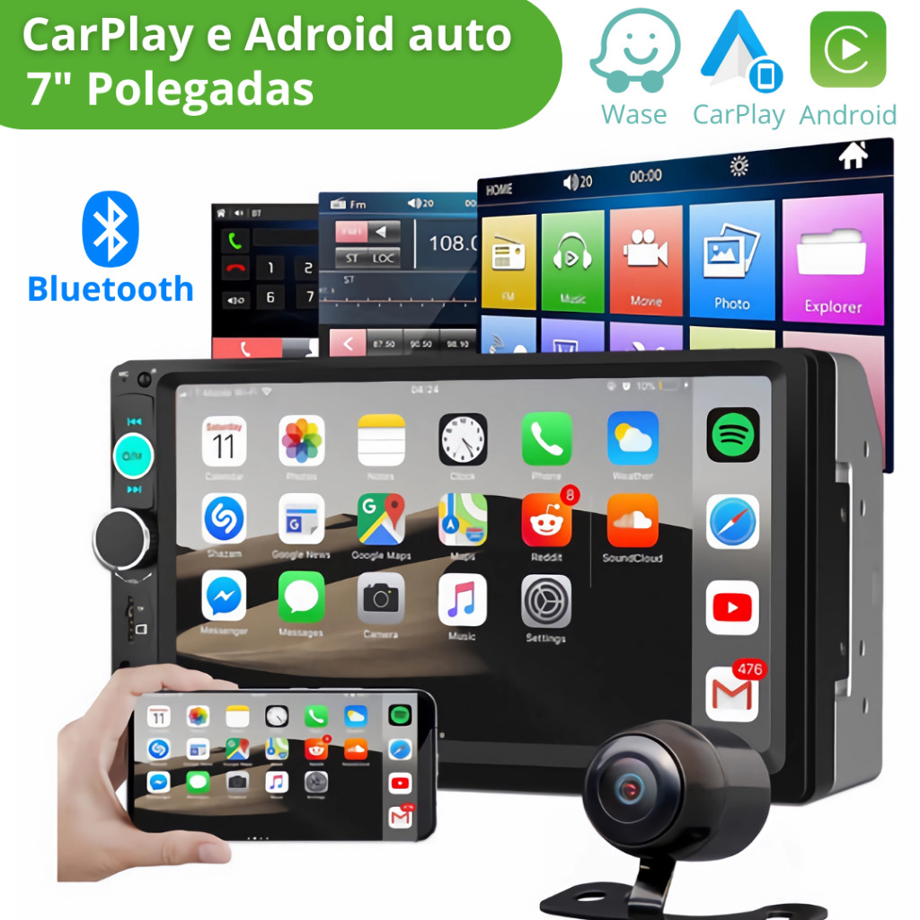 Central Multimídia Car Play e Android Auto Universal Mp5 com + Camera ...