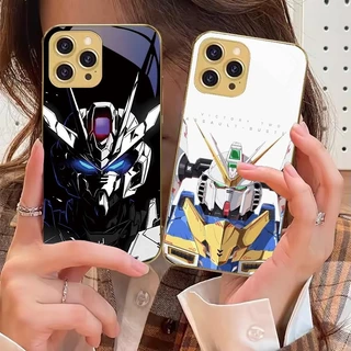 Gundam Azul Para IPhone 16 Pro Max 15 14 13 Plus 12 Mini 11Pro XS XR Chapeamento Dourado Vidro Temperado Caso De Telefon