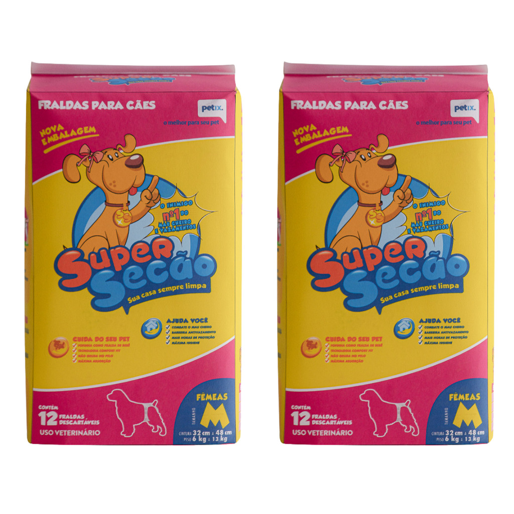Kit 2 Fraldas Descartáveis Super Secão Para Fêmea Petix 12 Unidade M ...