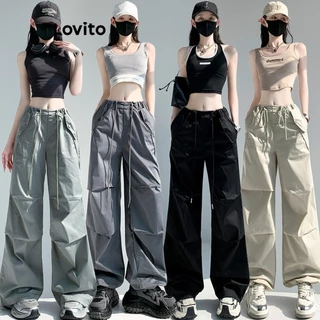 Lovito Calças casuais de linha de estrutura lisa para mulheres LNE61494
