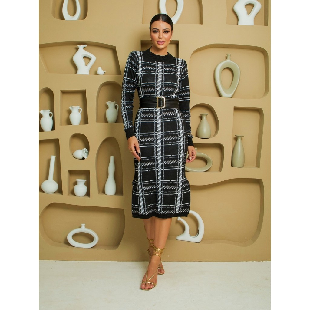 Vestido Midi Tricot Manga Longa Xadrez Fendas Festa Elegante