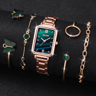 Relógio de Quartzo Fashion Square Steel Band Ladies Quartz + Pulseira Borboleta Conjunto de 4 peças