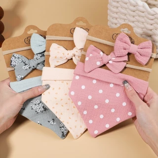 3Pcs/Set Boy Girl Alimentando Roupa De Arroto Acessórios De Cabelo Algodão Baby Bibs Recém-Nascido Laços Triângulo Saliva Infantil
