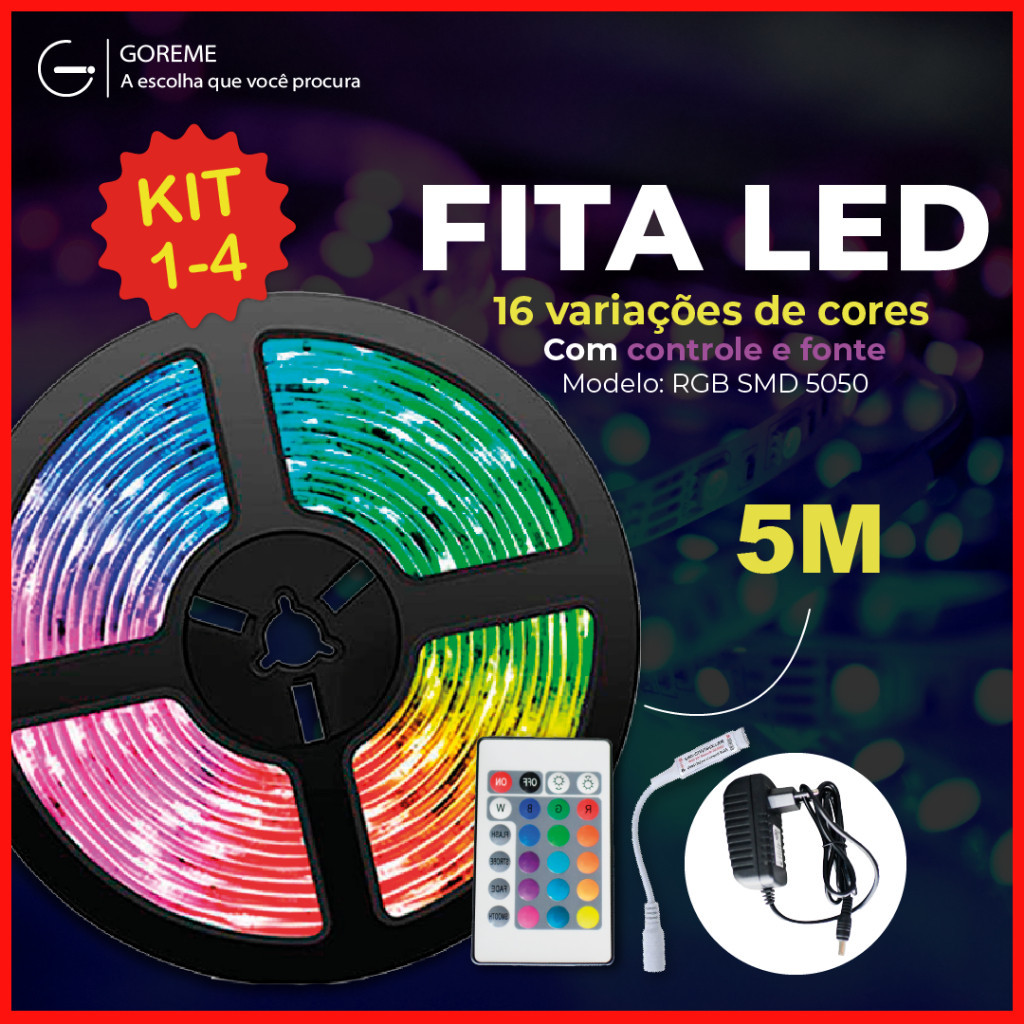 Fita LED 5050 Super Led Ultra RGB 5M 12v 300 Leds | Fita + Controle + Fonte | 16 Cores