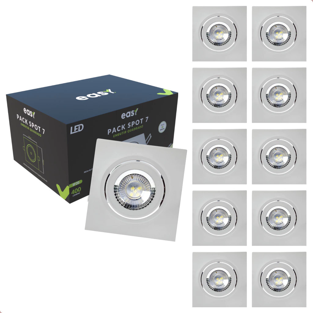 Kit 10 Spot Led 7W 3000k IP20 Embutir Quadrado Bivolt - Easy