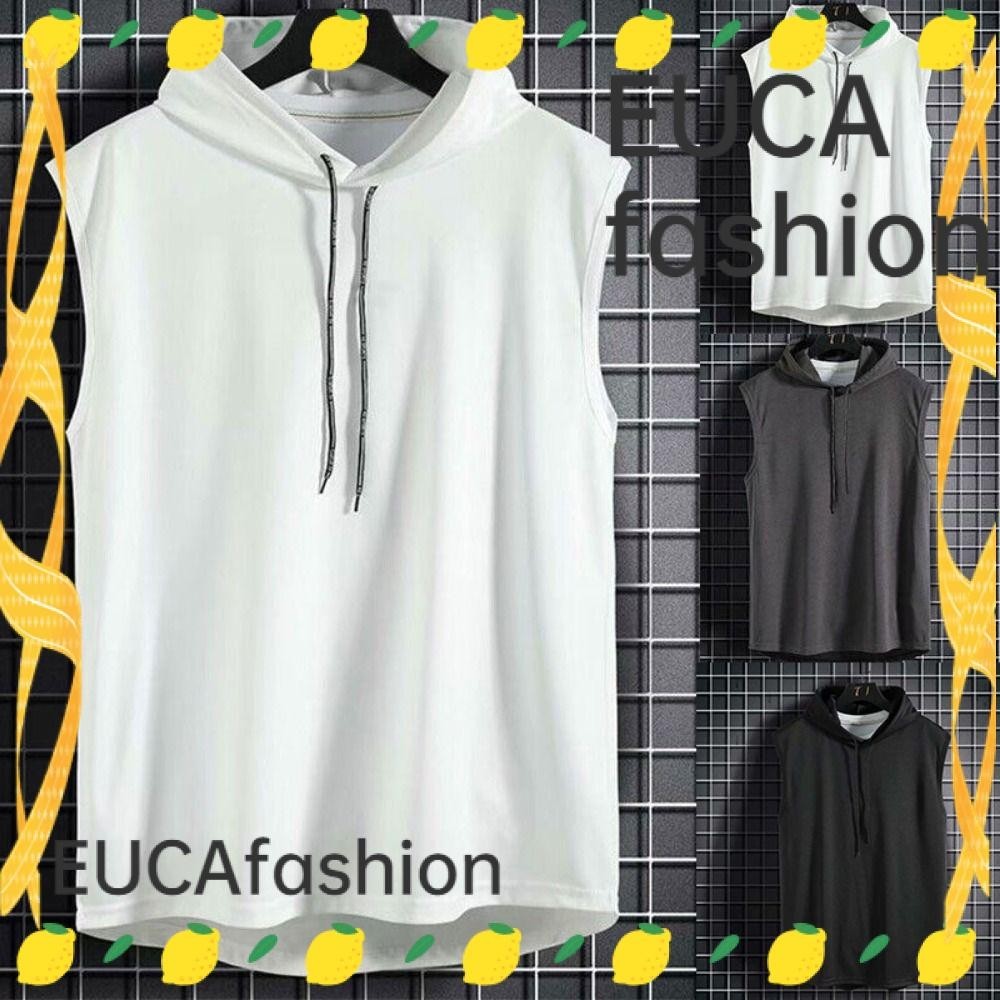EUCA Men Gym Sleeveless Hoodie , Sweatshirt Colete Elástico Fitness Cor Sólida Mais Tamanho Do Tanque Homem Top