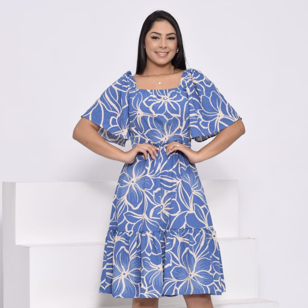 Vestido Mídi Manga borboleta Tecido Viscolinho Estampado Verão Com Elastex