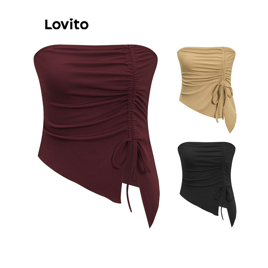 Lovito Regata casual lisa franzida para mulheres LNE54341