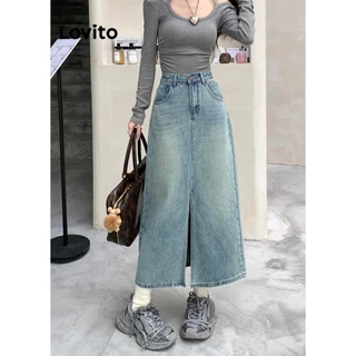 Lovito Saia jeans casual lisa dividida para mulheres LNM75310