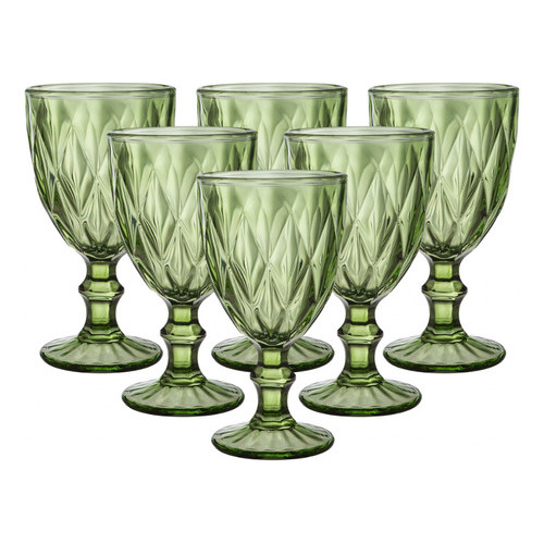 Jogo 6 taças diamante verde vidro agua vinho 340ml