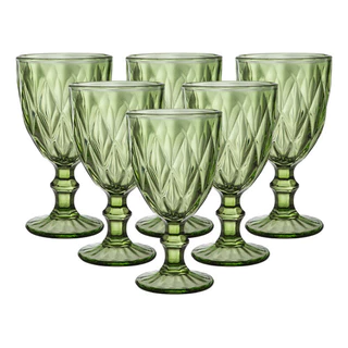 Jogo 6 taças diamante verde vidro agua vinho 340ml