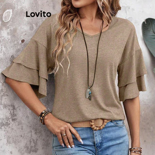 Lovito Camiseta feminina casual com babados lisos LBL16302