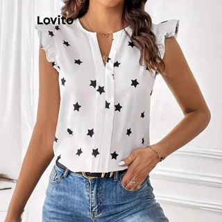 Lovito Blusa casual com babados e estrelas plissadas para mulheres LNL79019