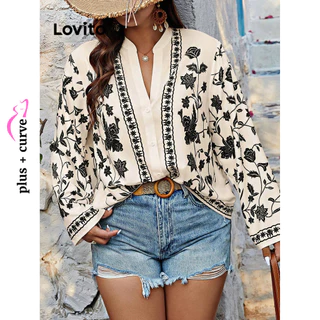 Lovito Blusa feminina plus size curva casual com estampa tribal e frente dividida LBL14369