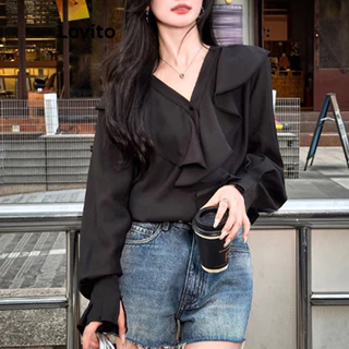Lovito Blusa casual lisa com babados para mulheres L102AD090