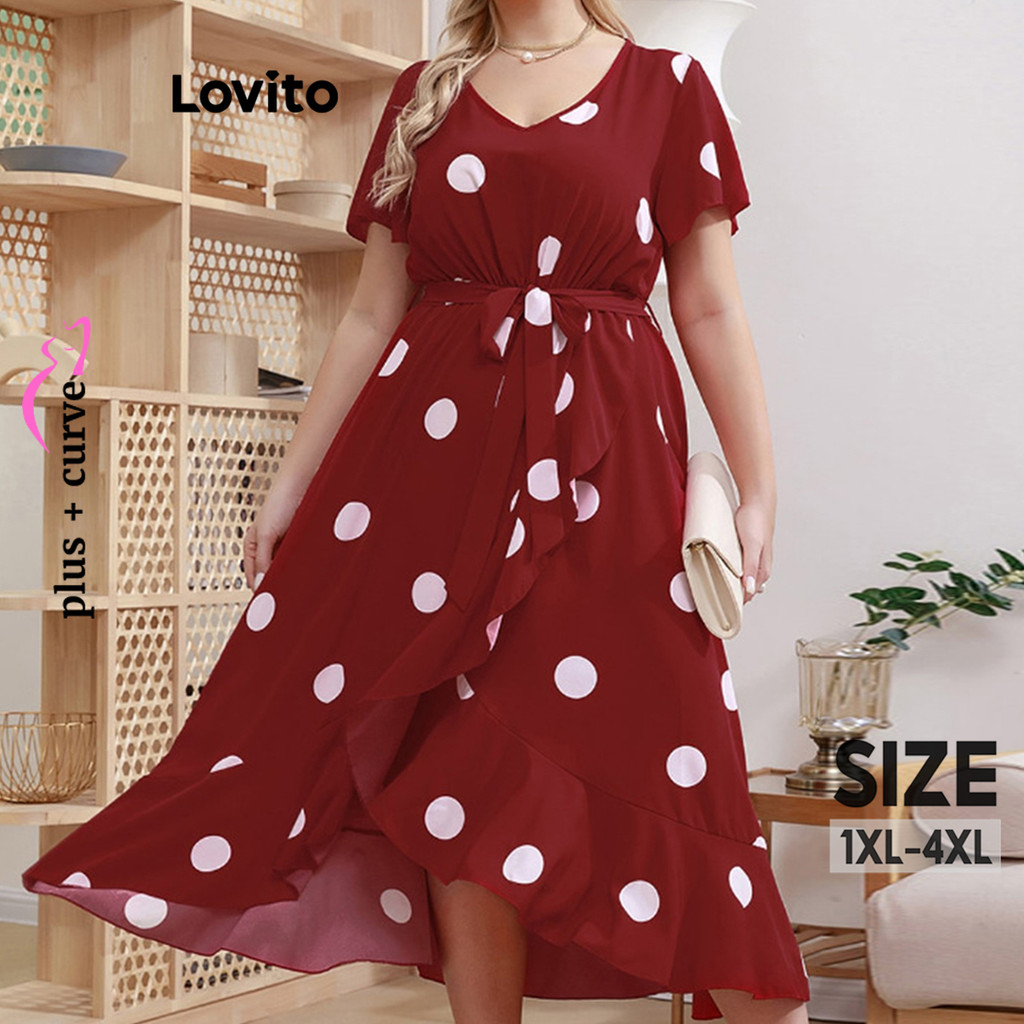 Lovito Plus Size Curva Casual Polka Dot Ruffle Hem Tie Front Dress para mulheres LNL79046