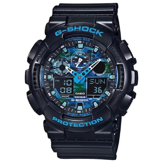 Relógio Masculino Shock Casio Preto/Azul Camuflado Estilo Homem Esposo Marido GA-100CB-1ADR