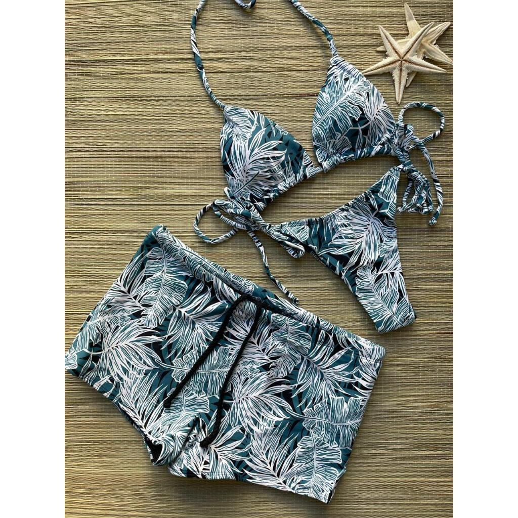 Kit Biquini Cortininha com Bojo Removivel Feminino Sunga Boxer Masculina Casal Combinando