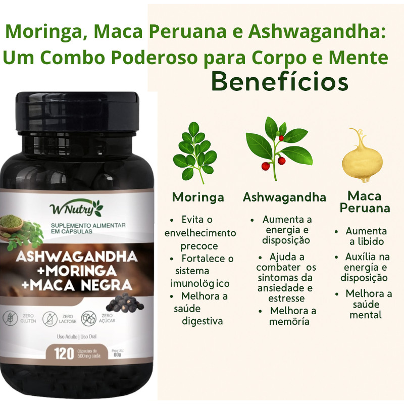 Ashwagandha + Moringa + Maca Peruana Negra 100% Puro 120 caps 1500mg ...
