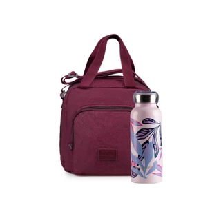 Kit Térmico Glitter Vinho + Garrafa Floral Rosa Bagaggio
