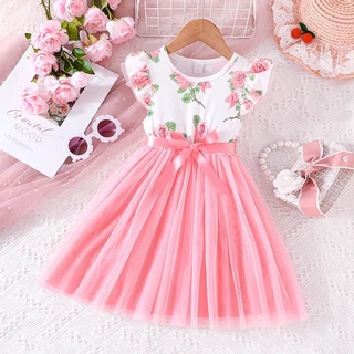 Vestido Rosa Floral Babados Estilo Coreano para Crianças Aniversário e Bebê