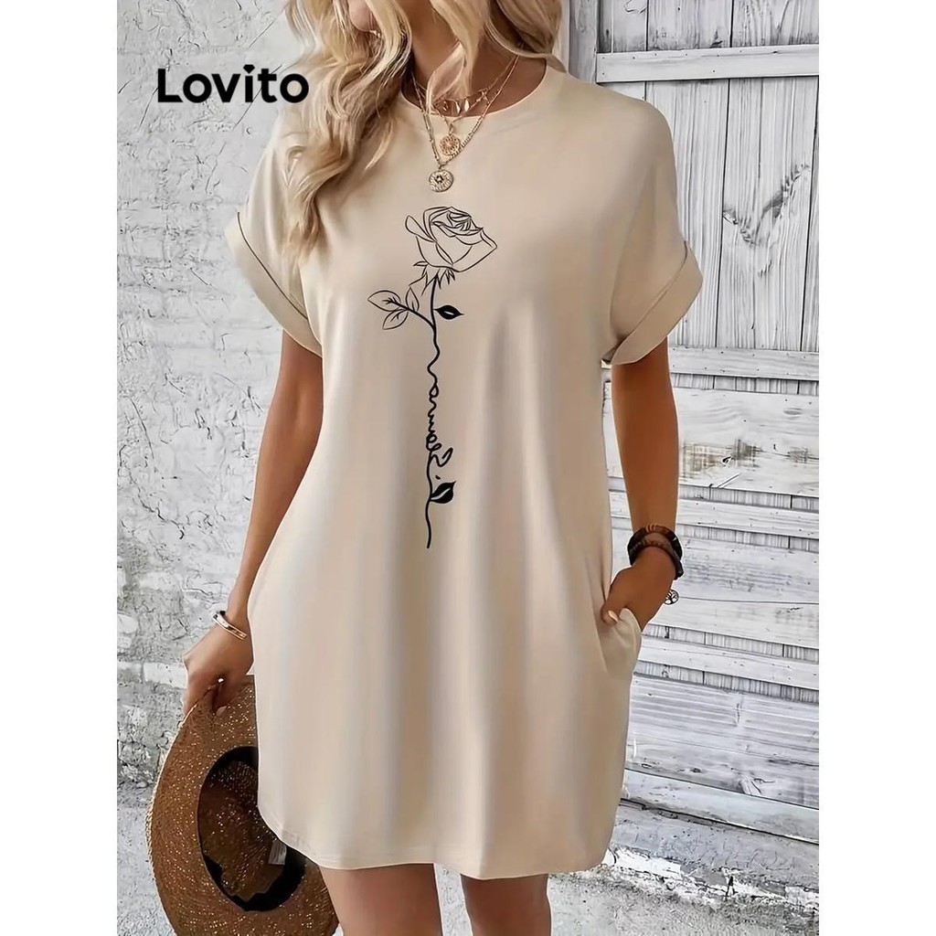 Lovito Vestido básico casual com padrão liso para mulheres LNL71422