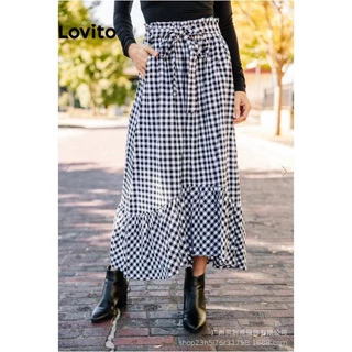 Lovito Saia elegante xadrez com gravata frontal em camadas colorblock para mulheres LNL75140