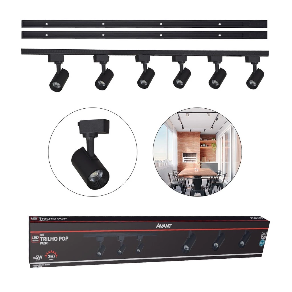 Kit trilho Eletrificado 6 Spot Led + 2 Metros de Trilho Pop 30w 6500k Branco Frio 110v/220v Preto Cod: 251931414-2